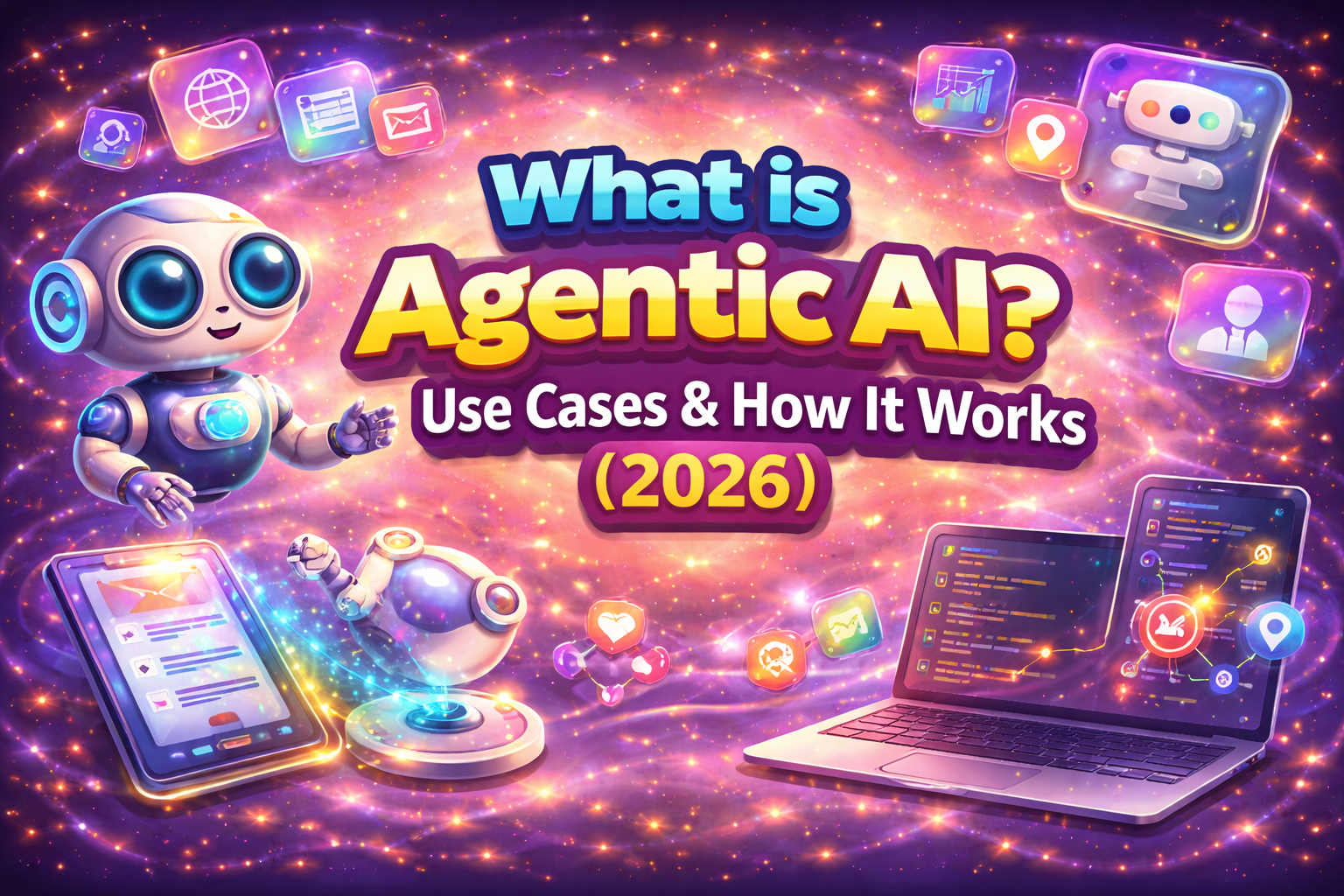 Futuristic AI banner with friendly robot What is agentic AI? use cases & how it works (2026)